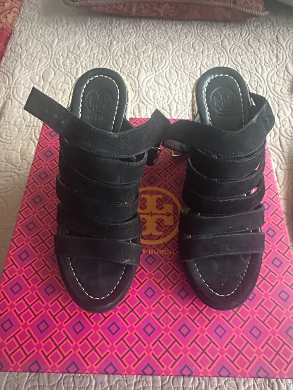 Tory Burch Black Suede Multi-Strap Wedge Mules